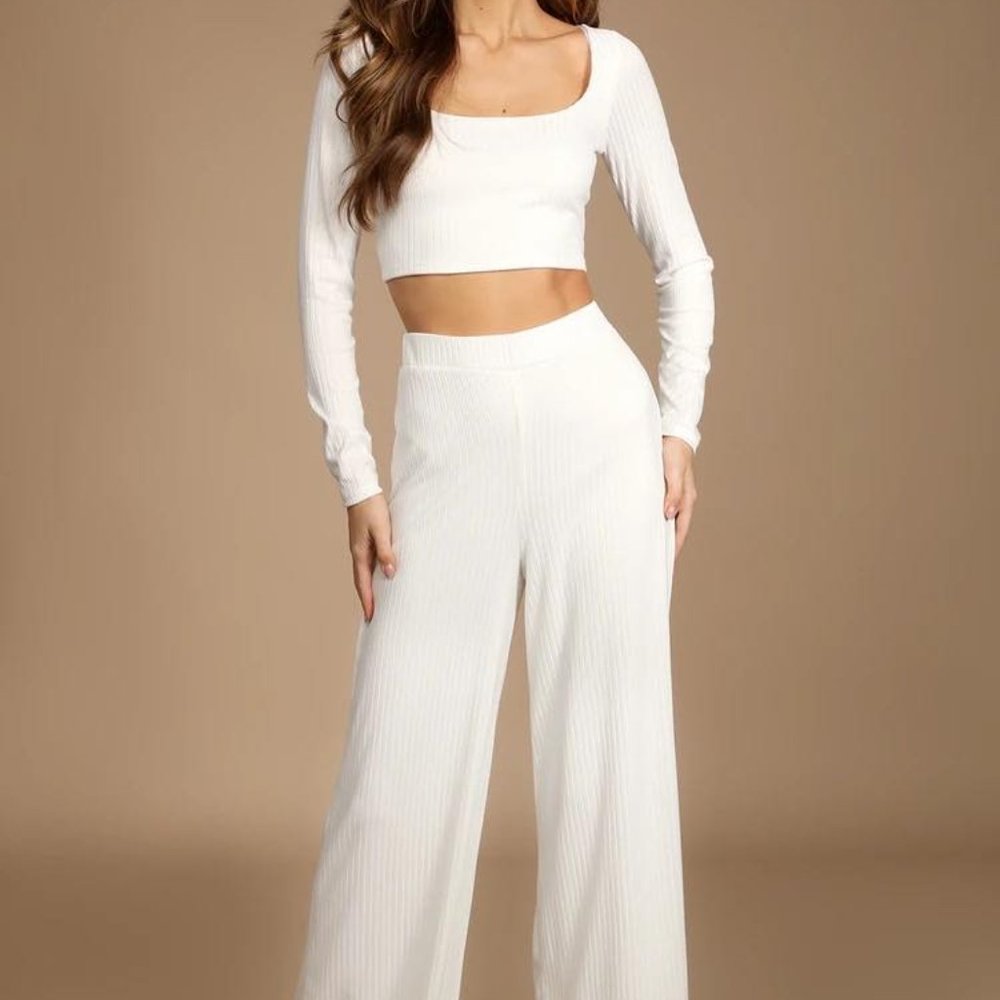 Lulus NWT Let's Unwind White Ribbed Wide-Leg Pants